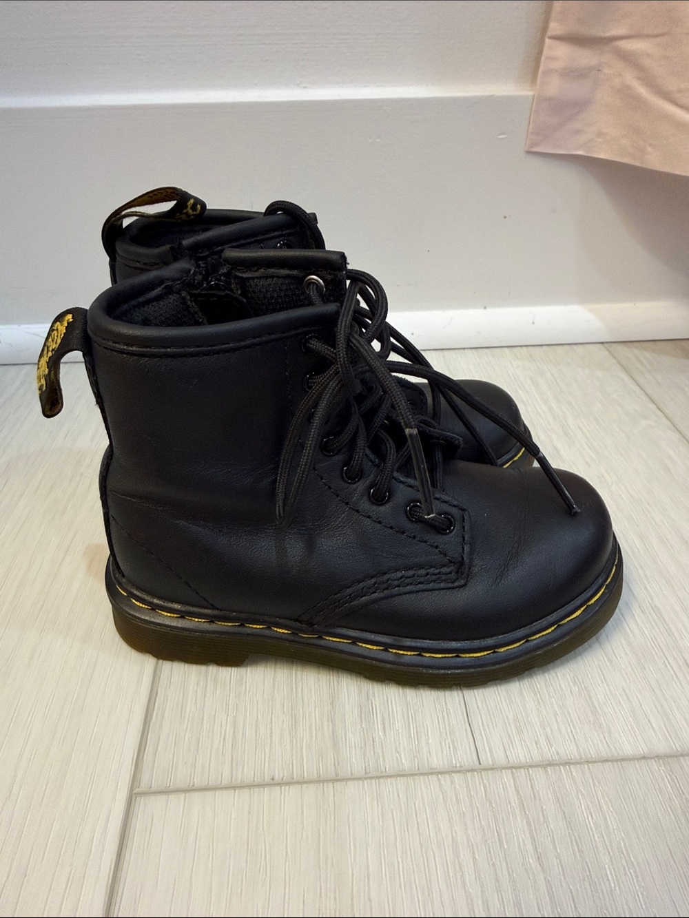 Dr. Martens Kids Black Leather Lace-Up Boots with Yellow Stitching